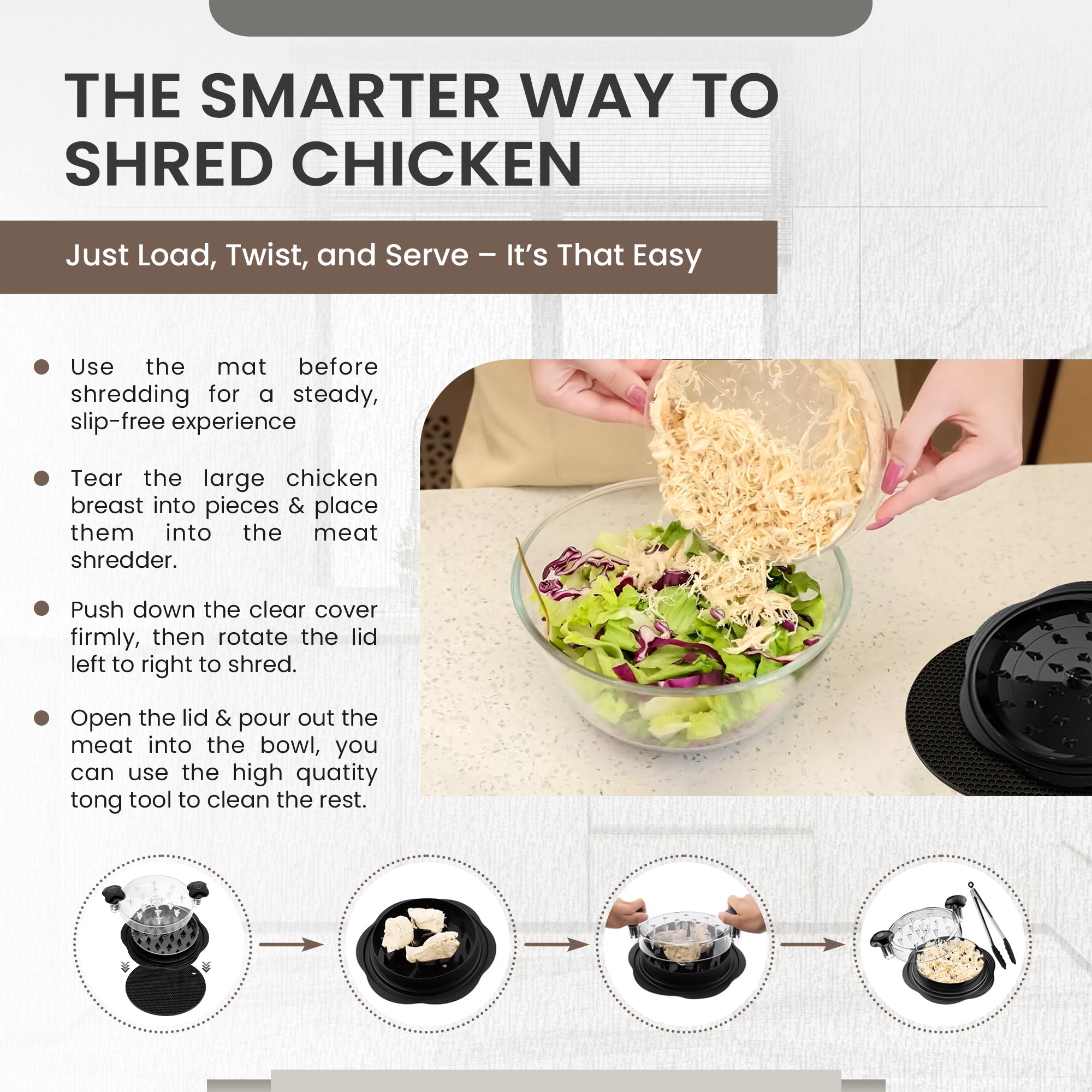 Prepmate Chicken Shredder – BPA-Free, Easy-Grip Tool with Tongs & Mat