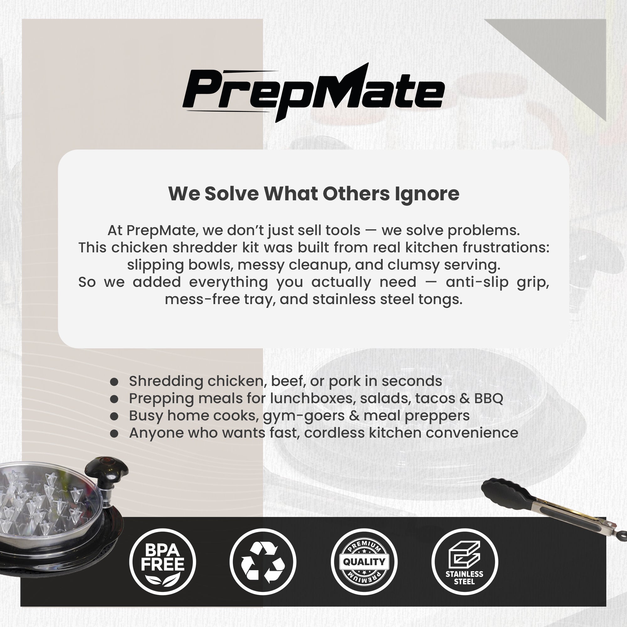 Prepmate Chicken Shredder – BPA-Free, Easy-Grip Tool with Tongs & Mat